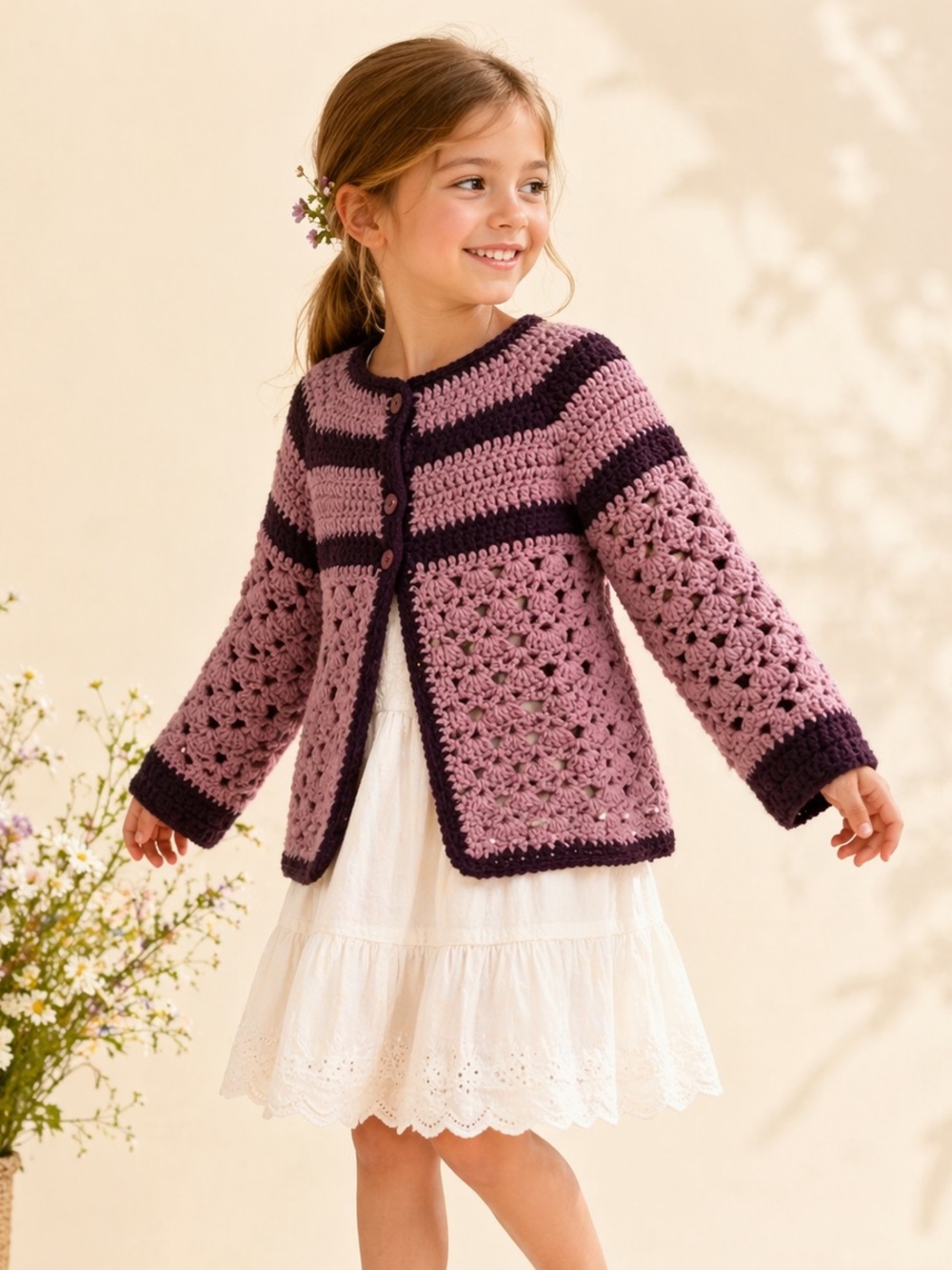 Vintage Handmade Crochet Cardigan Chunky Knit Wool Boho Sz 6X
